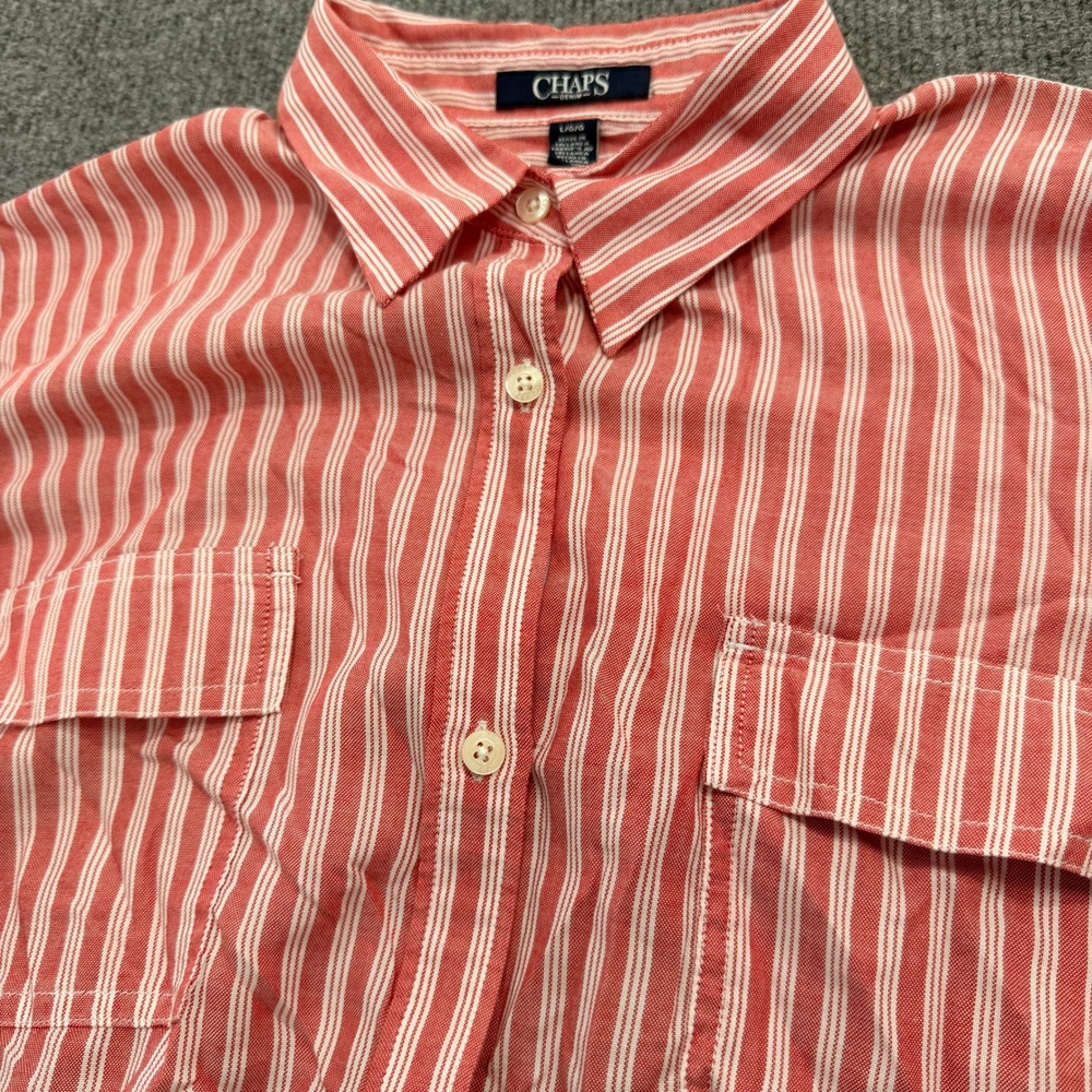 Chaps Denim Womens Large Red White Striped Short Sleeve Button Down Shirt Pocket - Picture 5 of 7